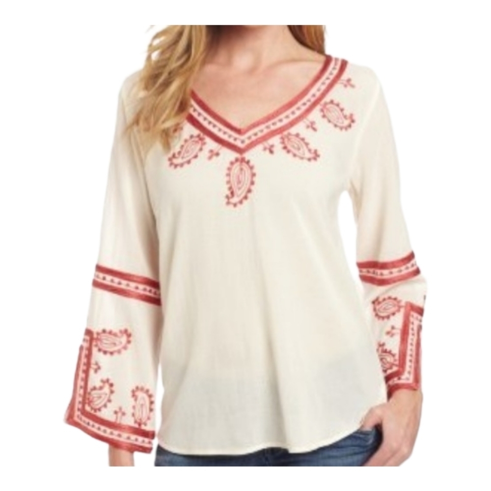 LUCKY BRAND TOPANGA DAYS BOHO White and Red Embroidered Pesant Tunic/Top/Blouse